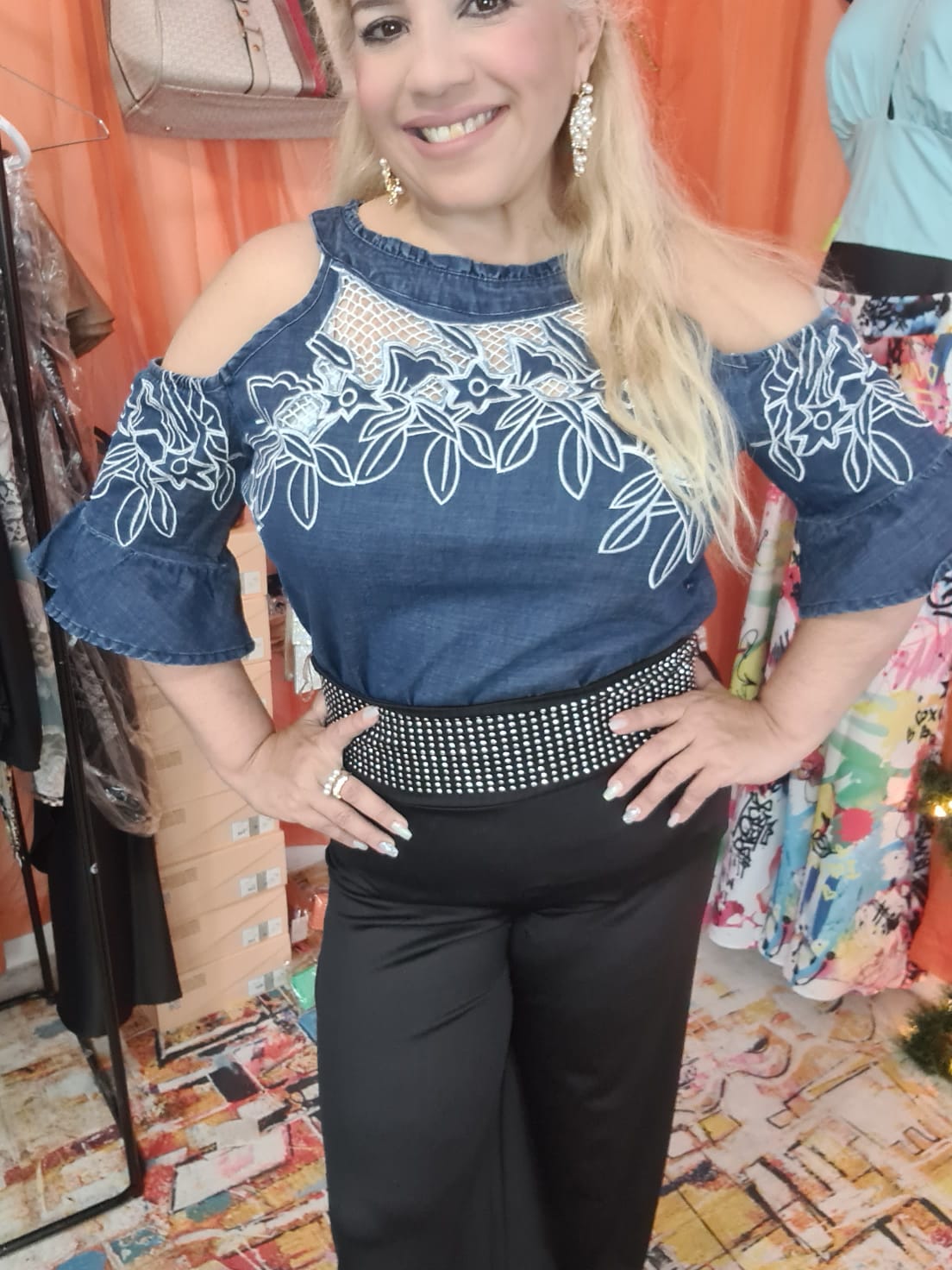 Plus Shoulder Denim Blouse
