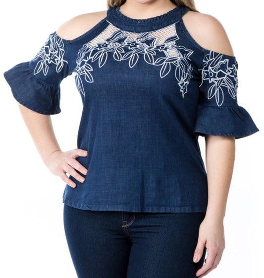 Plus Shoulder Denim Blouse