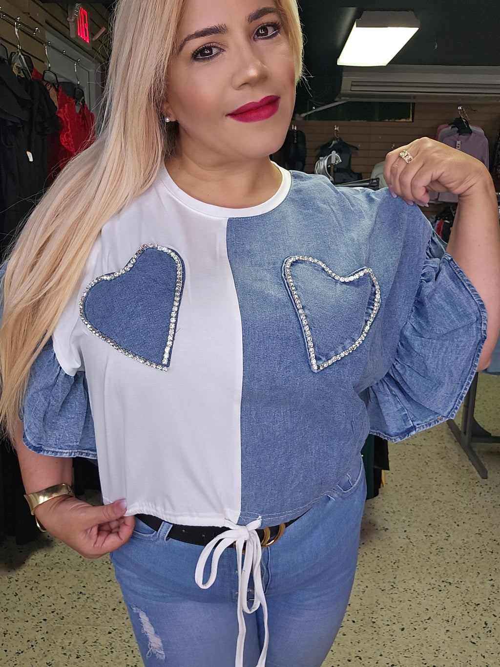 Denim Rhinestone Heart Shirt