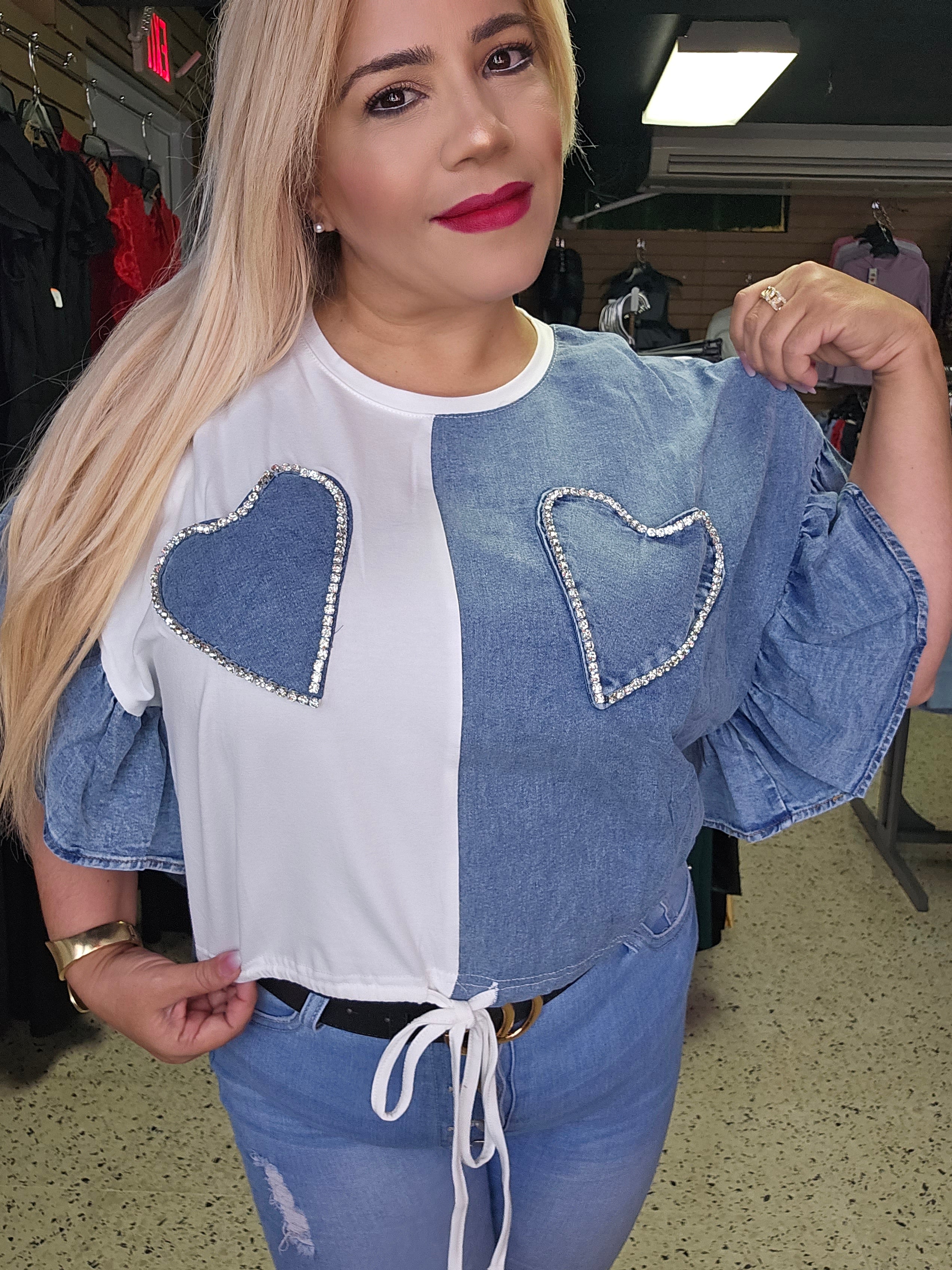 Denim Rhinestone Heart Shirt